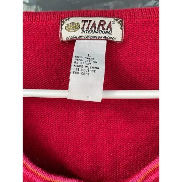 T4 VTG Tiara International Cardigan Sweater Fair Isle Knit Red Cotton Blend‎ - Picture 3 of 4